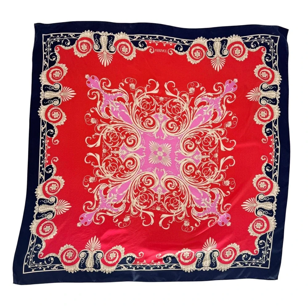 Versace Silk Scarf Red Navy Baroque Filigree Ornate Square 34